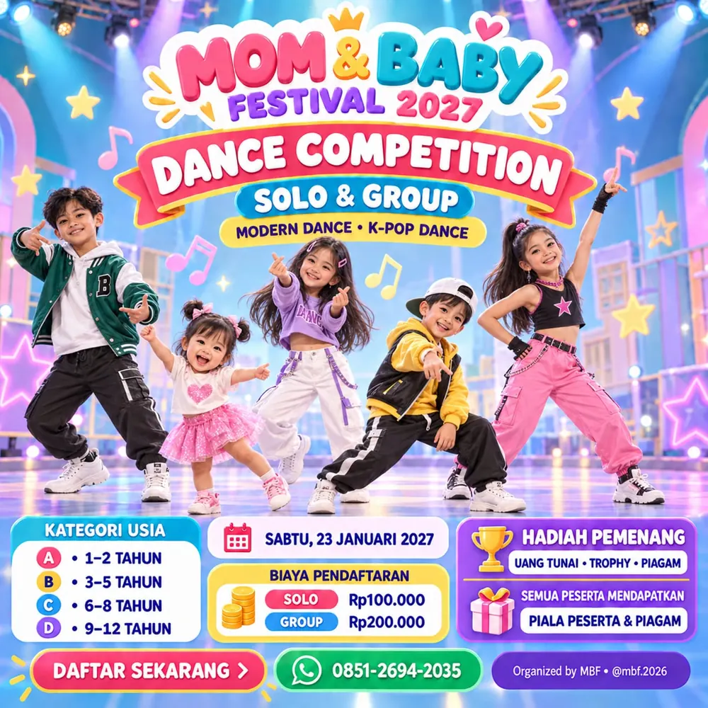 Poster Dance Competition Mom & Baby Festival 2027 – Solo & Group, Modern Dance dan K-Pop Dance, Sabtu 23 Januari 2027, usia 1–12 tahun