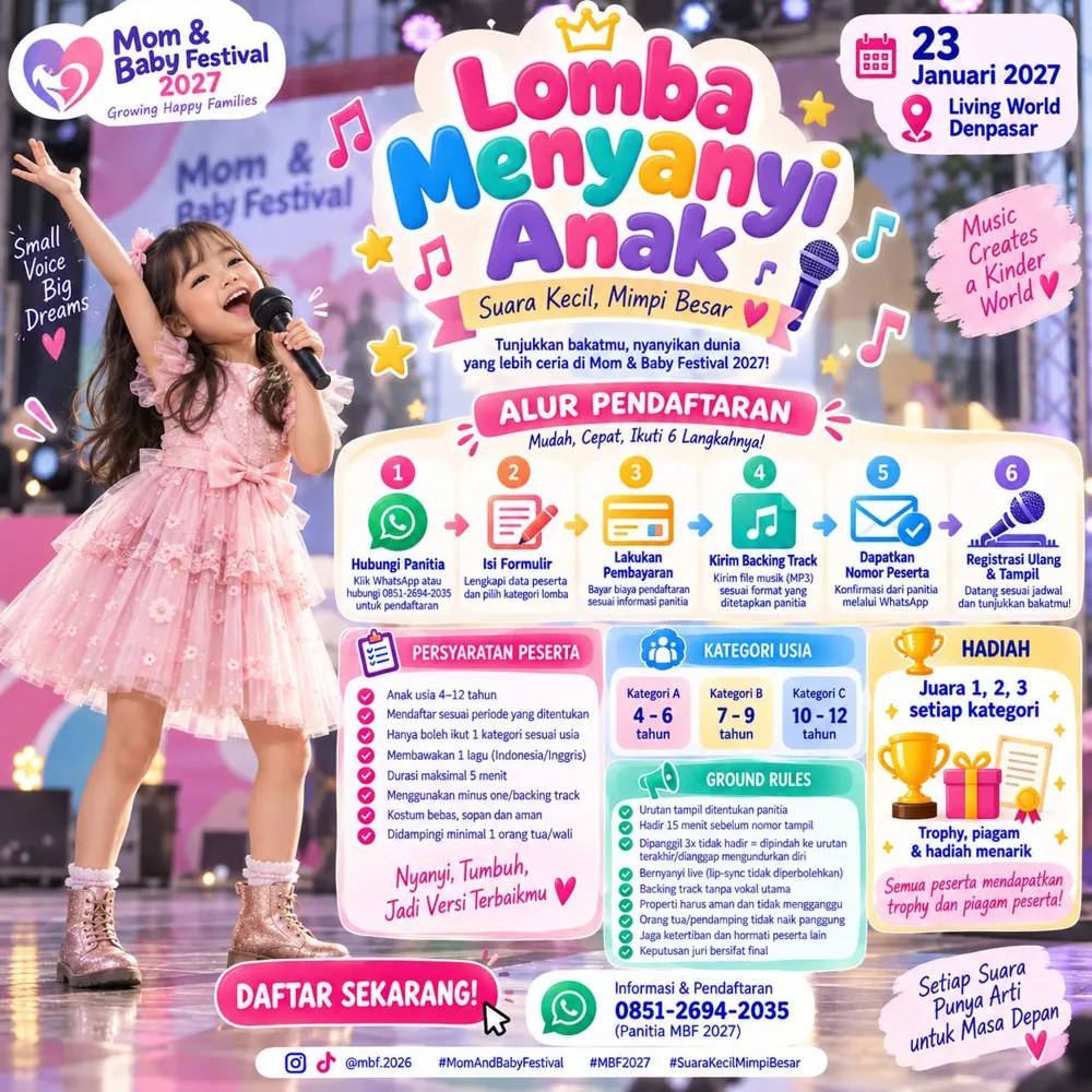 Poster Lomba Menyanyi Anak "Suara Kecil, Mimpi Besar" Mom & Baby Festival 2027 – Sabtu 23 Januari 2027, Living World Denpasar, kategori 4–6, 7–9, 10–12 tahun